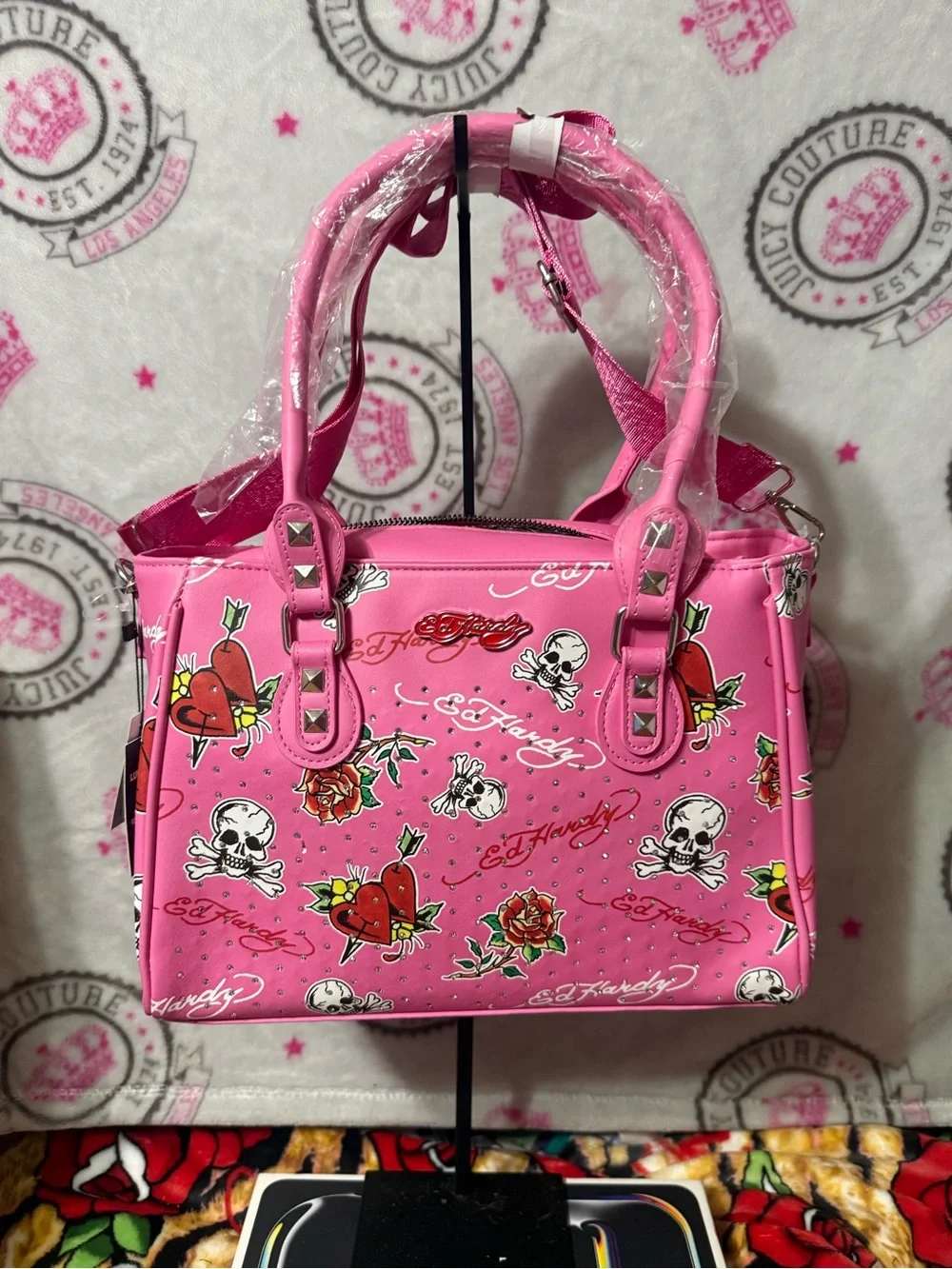 Ed Hardy Hot Pink Tattoo-Print Satchel